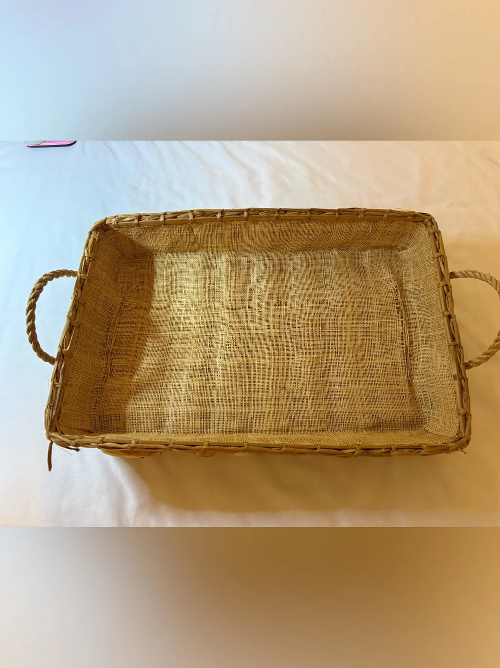 Woven Rectangular Casserole Serving Basket Tray - Natural Tan with Green Accents